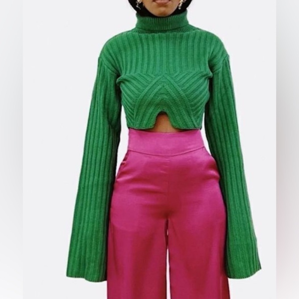 HANIFA Green Ribbed Turtleneck Sweater